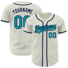 Load image into Gallery viewer, Custom Cream Teal Pinstripe Navy Authentic Baseball Jersey
