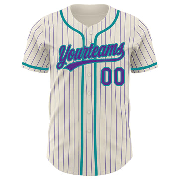 Custom Cream Purple Pinstripe Teal Authentic Baseball Jersey