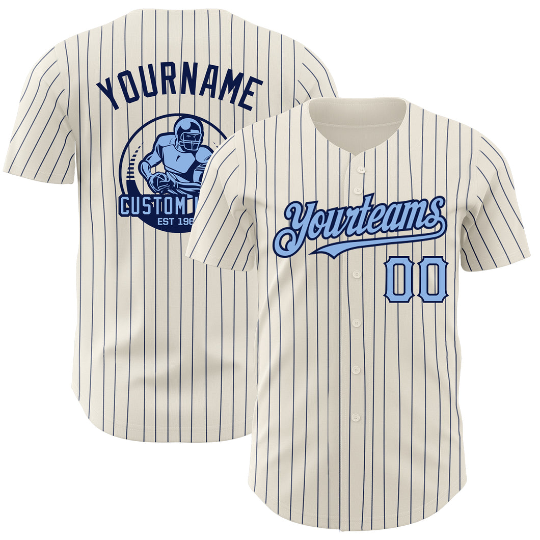 Custom Cream Navy Pinstripe Light Blue Authentic Baseball Jersey