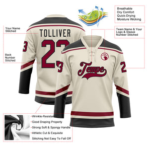 Custom Cream Maroon-Black Hockey Lace Neck Jersey