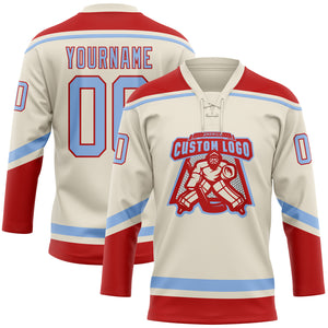 Custom Cream Light Blue-Red Hockey Lace Neck Jersey