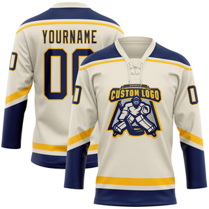 Custom Cream Navy-Gold Hockey Lace Neck Jersey