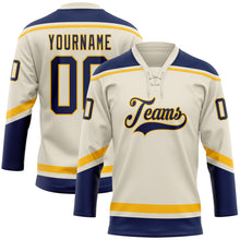 Load image into Gallery viewer, Custom Cream Navy-Gold Hockey Lace Neck Jersey
