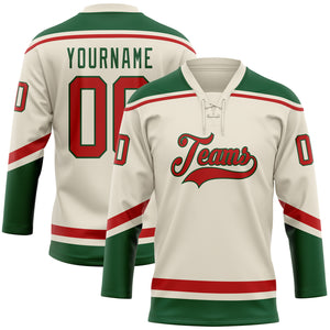 Custom Cream Red-Green Hockey Lace Neck Jersey