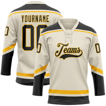 Load image into Gallery viewer, Custom Cream Black-Gold Hockey Lace Neck Jersey
