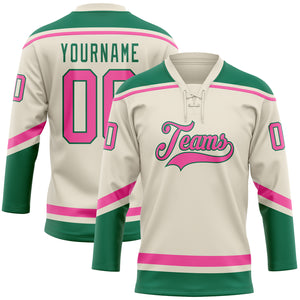 Custom Cream Pink-Kelly Green Hockey Lace Neck Jersey