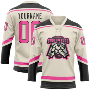 Custom Cream Pink-Black Hockey Lace Neck Jersey