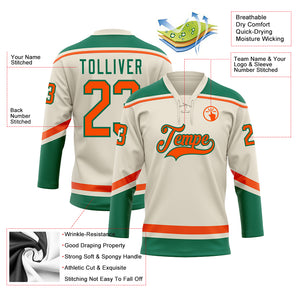 Custom Cream Orange-Kelly Green Hockey Lace Neck Jersey