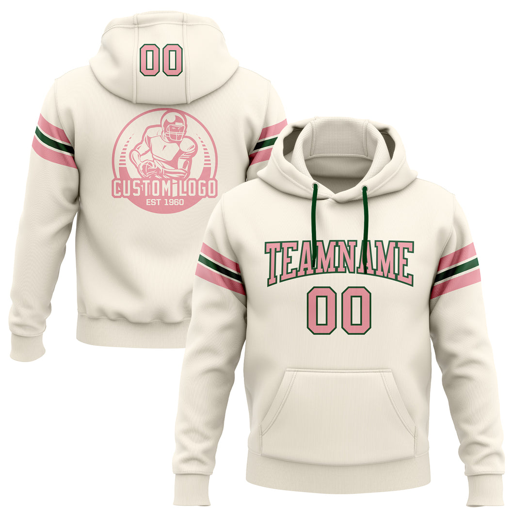 Custom Stitched Cream Medium Pink-Green Football Pullover Sweatshirt Hoodie