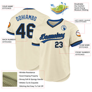 Custom Cream Black-Blue Authentic Throwback Baseball Jersey