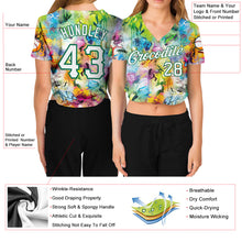 Load image into Gallery viewer, Custom Women&#39;s Graffiti Pattern White-Kelly Green Scratch 3D V-Neck Cropped Baseball Jersey
