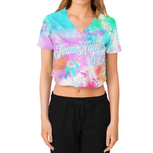 Load image into Gallery viewer, Custom Women&#39;s Tie Dye White-Light Blue Rainbow 3D V-Neck Cropped Baseball Jersey
