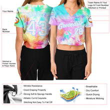 Load image into Gallery viewer, Custom Women&#39;s Tie Dye White-Light Blue Rainbow 3D V-Neck Cropped Baseball Jersey
