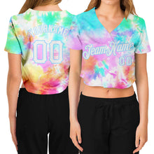 Load image into Gallery viewer, Custom Women&#39;s Tie Dye White-Light Blue Rainbow 3D V-Neck Cropped Baseball Jersey
