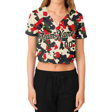 Load image into Gallery viewer, Custom Women&#39;s Camo Black-Cream Salute To Service V-Neck Cropped Baseball Jersey
