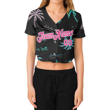 Load image into Gallery viewer, Custom Women&#39;s Black Pink-White Hawaii Palm Trees 3D V-Neck Cropped Baseball Jersey
