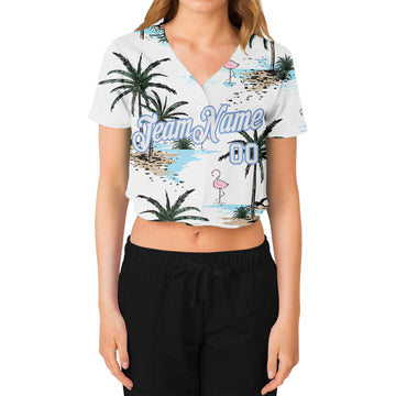 Custom Women's White White-Light Blue Hawaii Palm Trees 3D V-Neck Cropped Baseball Jersey