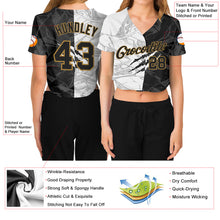 Load image into Gallery viewer, Custom Women&#39;s Graffiti Pattern Black-Old Gold Scratch 3D V-Neck Cropped Baseball Jersey
