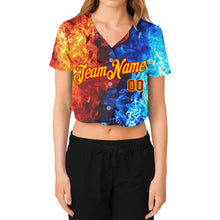 Load image into Gallery viewer, Custom Women&#39;s Red Gold Royal-Light Blue Flame 3D V-Neck Cropped Baseball Jersey
