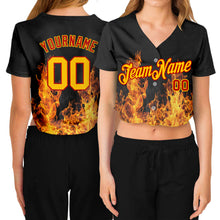 Load image into Gallery viewer, Custom Women&#39;s Black Gold-Red Flame 3D V-Neck Cropped Baseball Jersey
