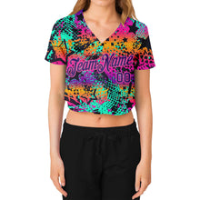 Load image into Gallery viewer, Custom Women&#39;s Graffiti Pattern Purple-Pink Bright Neon Colors 3D V-Neck Cropped Baseball Jersey
