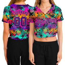 Load image into Gallery viewer, Custom Women&#39;s Graffiti Pattern Purple-Pink Bright Neon Colors 3D V-Neck Cropped Baseball Jersey
