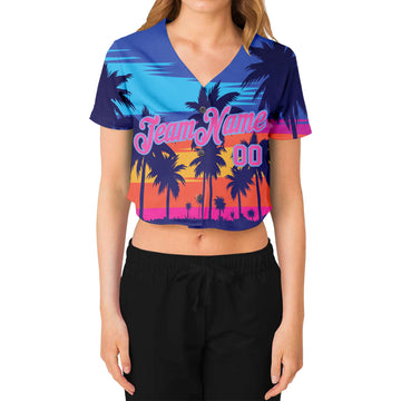 Custom Women's Royal Pink-Light Blue Hawaii Palm Trees 3D V-Neck Cropped Baseball Jersey