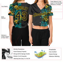 Load image into Gallery viewer, Custom Women&#39;s Black Black-Gold Tropical Palm Leaves 3D V-Neck Cropped Baseball Jersey
