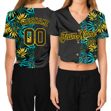 Load image into Gallery viewer, Custom Women&#39;s Black Black-Gold Tropical Palm Leaves 3D V-Neck Cropped Baseball Jersey
