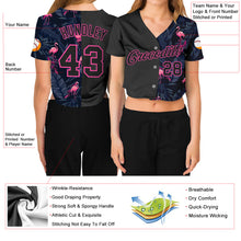Load image into Gallery viewer, Custom Women&#39;s Black Black-Pink Flamingo 3D V-Neck Cropped Baseball Jersey
