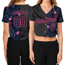 Load image into Gallery viewer, Custom Women&#39;s Black Black-Pink Flamingo 3D V-Neck Cropped Baseball Jersey
