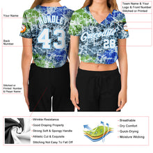 Load image into Gallery viewer, Custom Women&#39;s Tie Dye White-Light Blue Abstract Art 3D V-Neck Cropped Baseball Jersey
