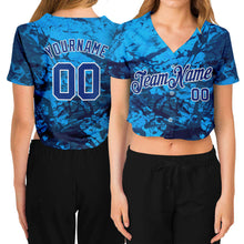 Load image into Gallery viewer, Custom Women&#39;s Graffiti Pattern Royal-White Abstract Ink Handmade Art 3D V-Neck Cropped Baseball Jersey
