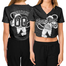 Load image into Gallery viewer, Custom Women&#39;s Black Black-White Astronaut 3D V-Neck Cropped Baseball Jersey
