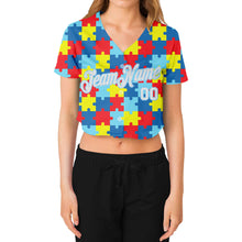 Load image into Gallery viewer, Custom Women&#39;s Autism Awareness Puzzle Pieces White-Light Blue 3D V-Neck Cropped Baseball Jersey

