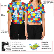 Load image into Gallery viewer, Custom Women&#39;s Autism Awareness Puzzle Pieces White-Light Blue 3D V-Neck Cropped Baseball Jersey
