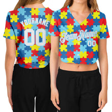 Load image into Gallery viewer, Custom Women&#39;s Autism Awareness Puzzle Pieces White-Light Blue 3D V-Neck Cropped Baseball Jersey
