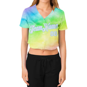 Custom Women's Tie Dye White-Light Blue Rainbow 3D V-Neck Cropped Baseball Jersey