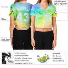 Load image into Gallery viewer, Custom Women&#39;s Tie Dye White-Light Blue Rainbow 3D V-Neck Cropped Baseball Jersey
