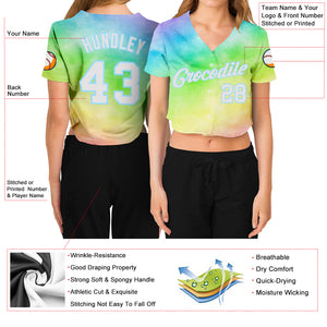 Custom Women's Tie Dye White-Light Blue Rainbow 3D V-Neck Cropped Baseball Jersey