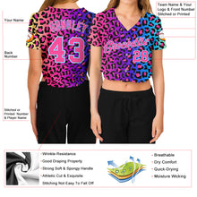 Load image into Gallery viewer, Custom Women&#39;s Purple Pink-Light Blue Leopard 3D V-Neck Cropped Baseball Jersey
