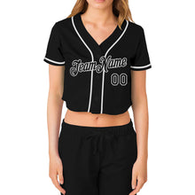 Load image into Gallery viewer, Custom Women&#39;s Black Black-White V-Neck Cropped Baseball Jersey
