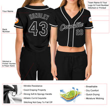 Load image into Gallery viewer, Custom Women&#39;s Black Black-White V-Neck Cropped Baseball Jersey
