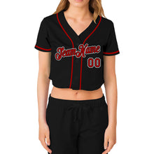 Load image into Gallery viewer, Custom Women&#39;s Black Red-White V-Neck Cropped Baseball Jersey
