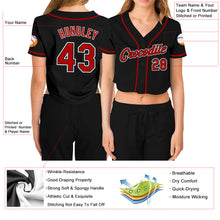 Load image into Gallery viewer, Custom Women&#39;s Black Red-White V-Neck Cropped Baseball Jersey

