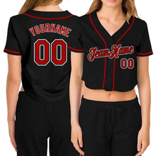 Load image into Gallery viewer, Custom Women&#39;s Black Red-White V-Neck Cropped Baseball Jersey
