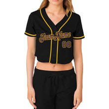 Load image into Gallery viewer, Custom Women&#39;s Black Purple-Gold V-Neck Cropped Baseball Jersey
