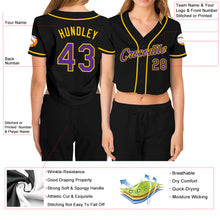 Load image into Gallery viewer, Custom Women&#39;s Black Purple-Gold V-Neck Cropped Baseball Jersey
