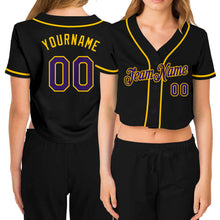 Load image into Gallery viewer, Custom Women&#39;s Black Purple-Gold V-Neck Cropped Baseball Jersey
