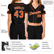 Load image into Gallery viewer, Custom Women&#39;s Black Orange-White V-Neck Cropped Baseball Jersey
